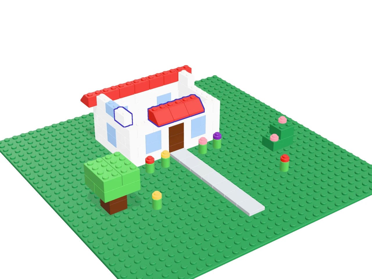 Casita de jardín de bloques a medio construir en el editor 3D; la siguiente pieza está resaltada
