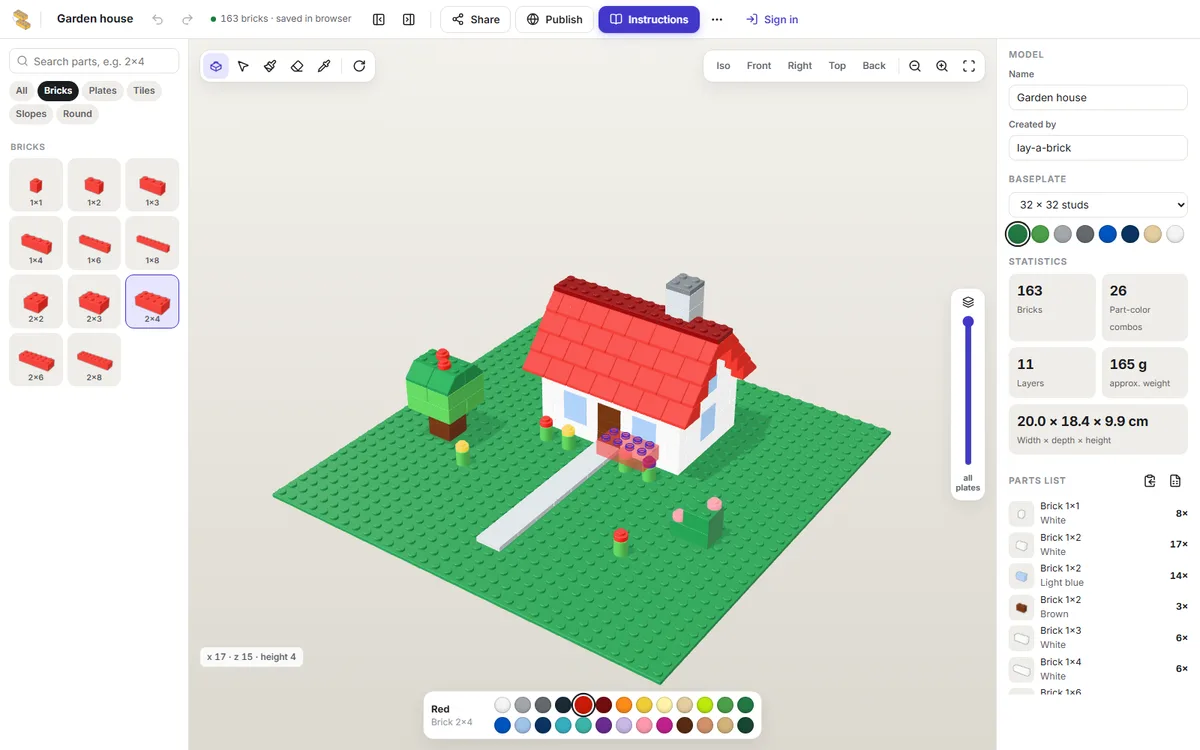 The lay-a-brick editor with parts palette, 3D view and parts list