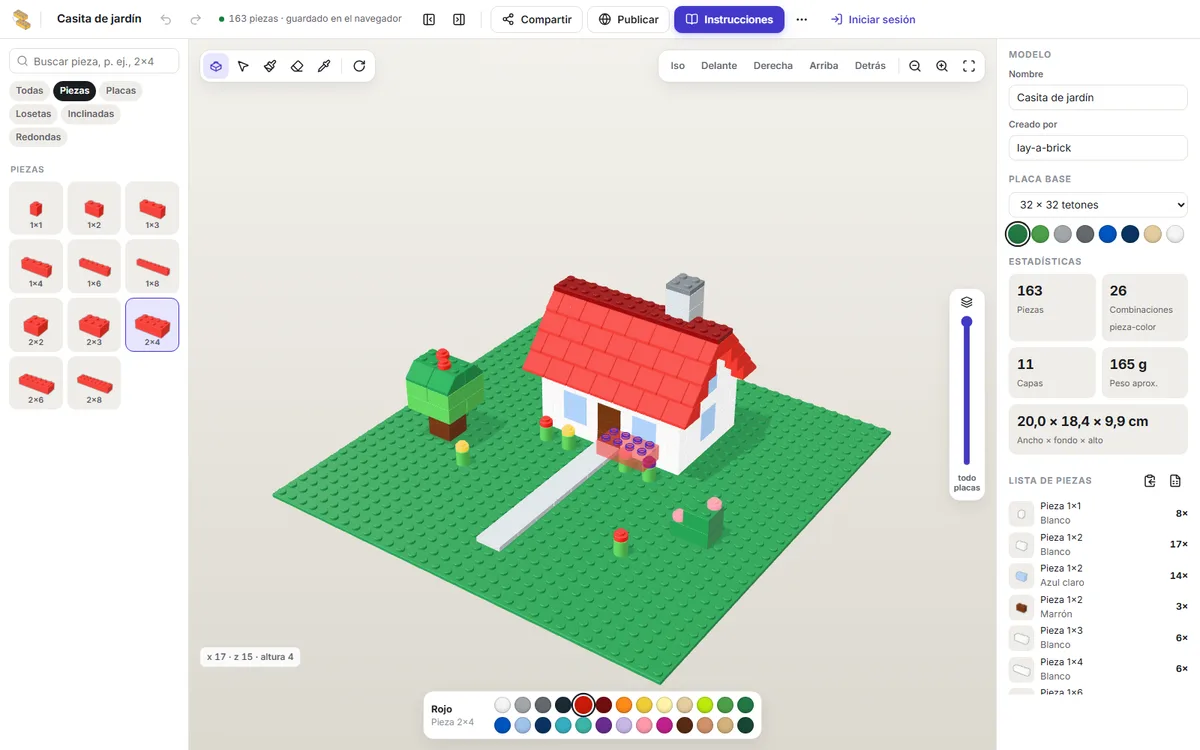 El editor de lay-a-brick con paleta de piezas, vista 3D y lista de piezas