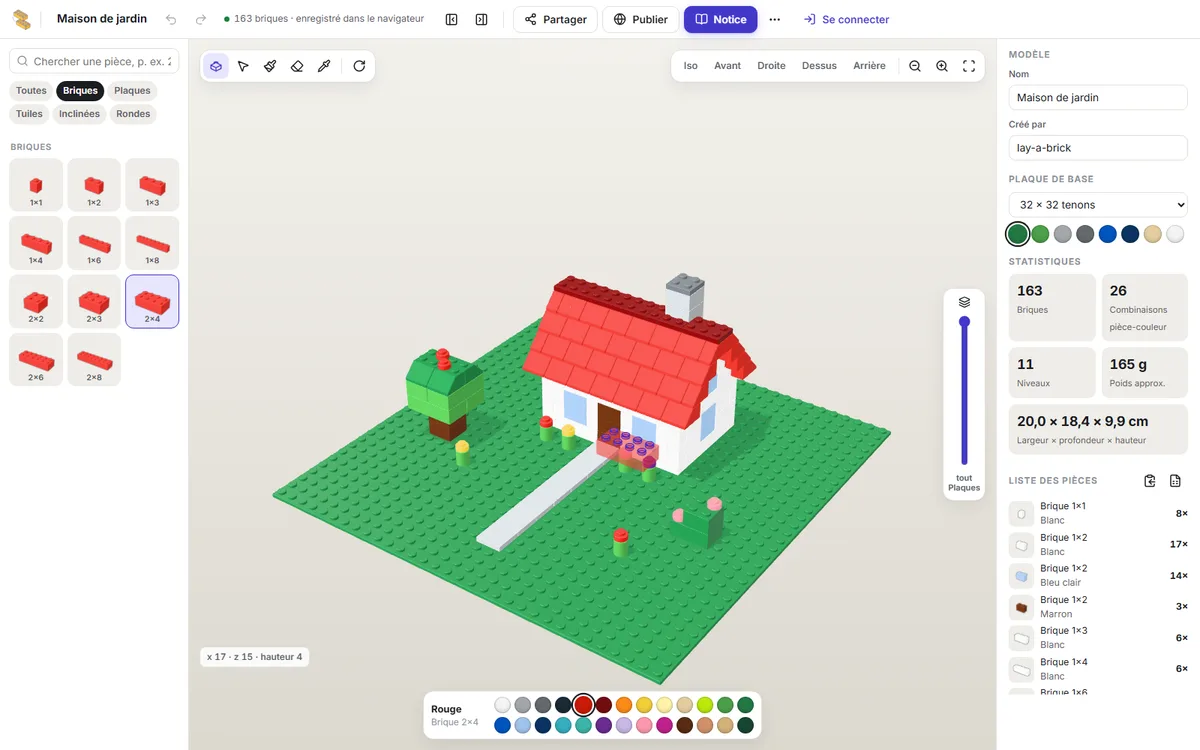 L’éditeur lay-a-brick avec la palette de pièces, la vue 3D et la liste des pièces